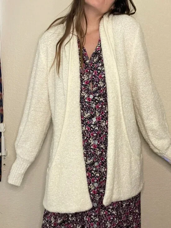 Vintage 80s White Chunky Knit Cardigan Slouchy Open Front Sweater | Size M-XL - Picture 11 of 11